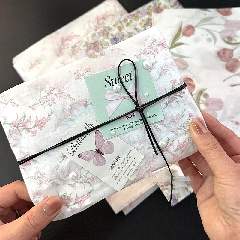 Elegant Tulip Patterned Tissue Paper Floral Design With Green Leaves For Gift Wrapping Wine Bottle Box Filling And Decorating