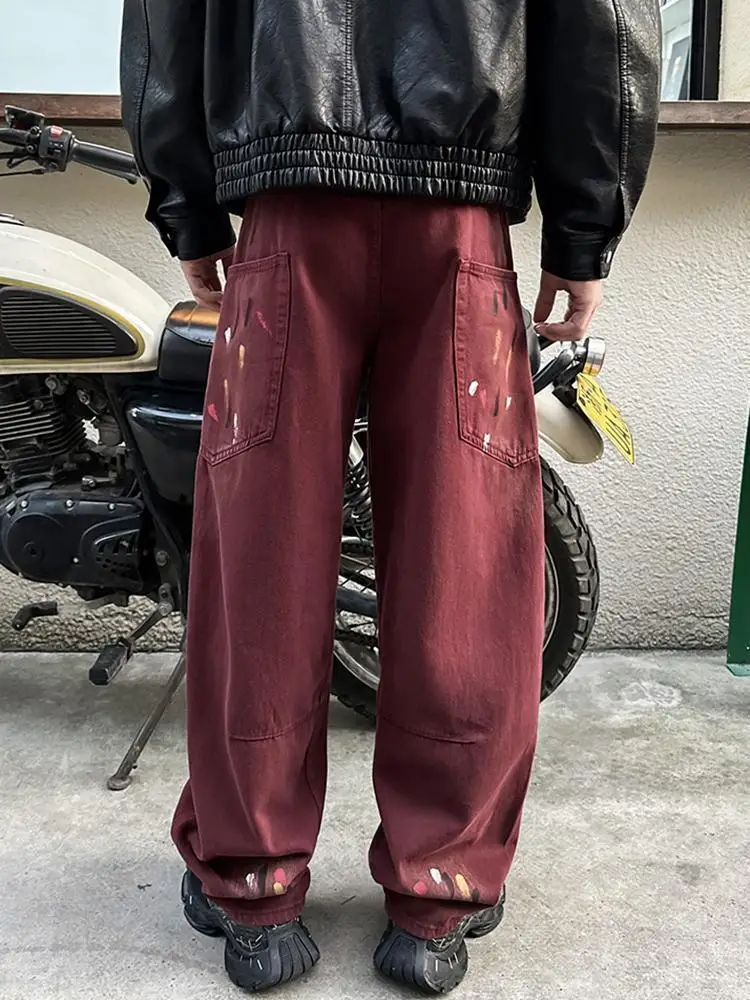 2025, Frühjahr und Sommer, neue High-End-Machete-Jeans mit Rotbemalung, gerade, lockere amerikanische High-Street-Mode für Herren, hübsch