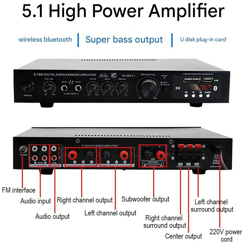 

5.1 Channel High Power Amplifier Super Bass Rate Stage Home Theater Bluetooth Radio Amplifier with Dual Microphone Interface