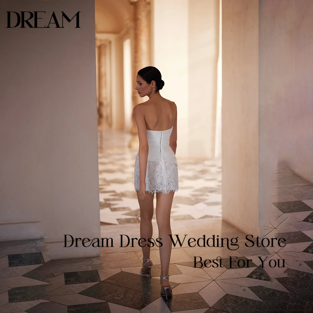 Dream Customized Elegant Mini Dress Strapless Sweetheart Neck Draped Satin Bodice Floral Lace Skirt Bodycon Bridal Party Gowns