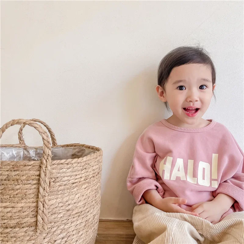 Spring New Kids Korean Edition Children Sweater Letter Print Comfortable Bottom Shirt for Girls 2025 Autumn Boy T-shirt
