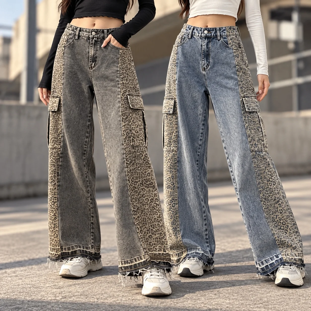 Patchwork Loose Fit Jeans Mid Waist Streetwear with Slight Stretch Frayed Hem Leopard Print Washed Finish Spring Women Jeans
