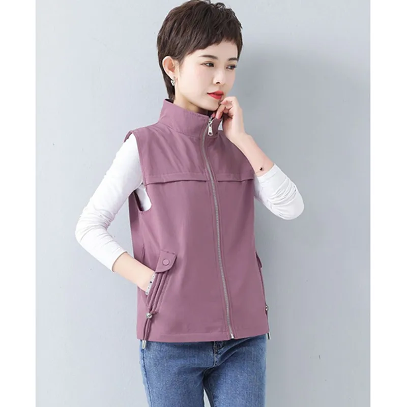 Casual Khaki Short Women\'s Vest Oversize Liner Sleeveless Jackets 2023 Spring Summer New Zipper Basic Waistcoat Female Outerwear