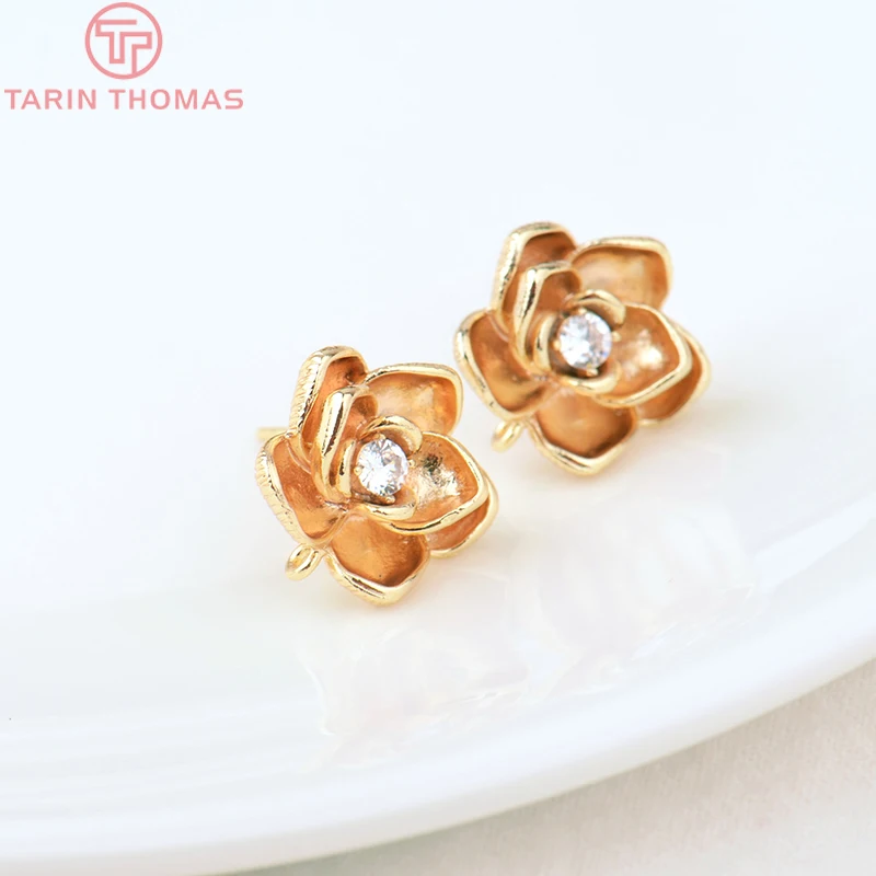 (2080)6PCS 14MM Hole 1MM 24K Gold Color Brass with Zircon Flower Stud Earrings High Quality DIY Jewelry Making Findings