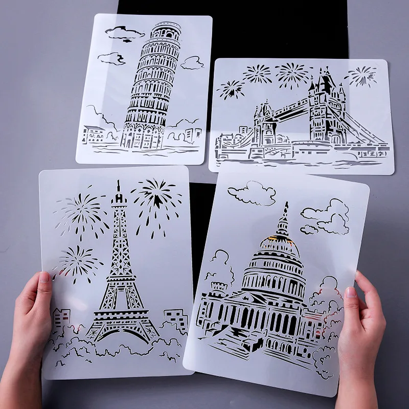 1/5Pcs A4 29*21cm Creative Buildings DIY Layering Stencils Wall Painting Scrapbook Coloring Embossing Album Decorative Template