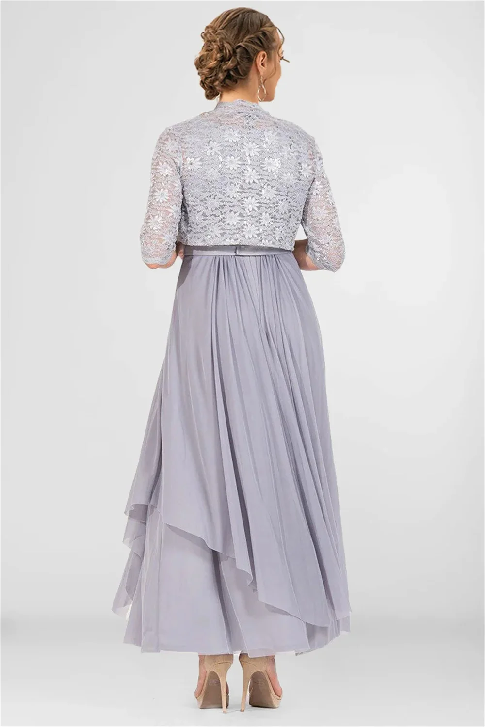 فستان مقاس كبير للنساء فستان ماكسي مفرغ من الشيفون مطرز بالترتر على شكل حرف a لحفلات الزفاف وحفلات الكوكتيل والدانتيل