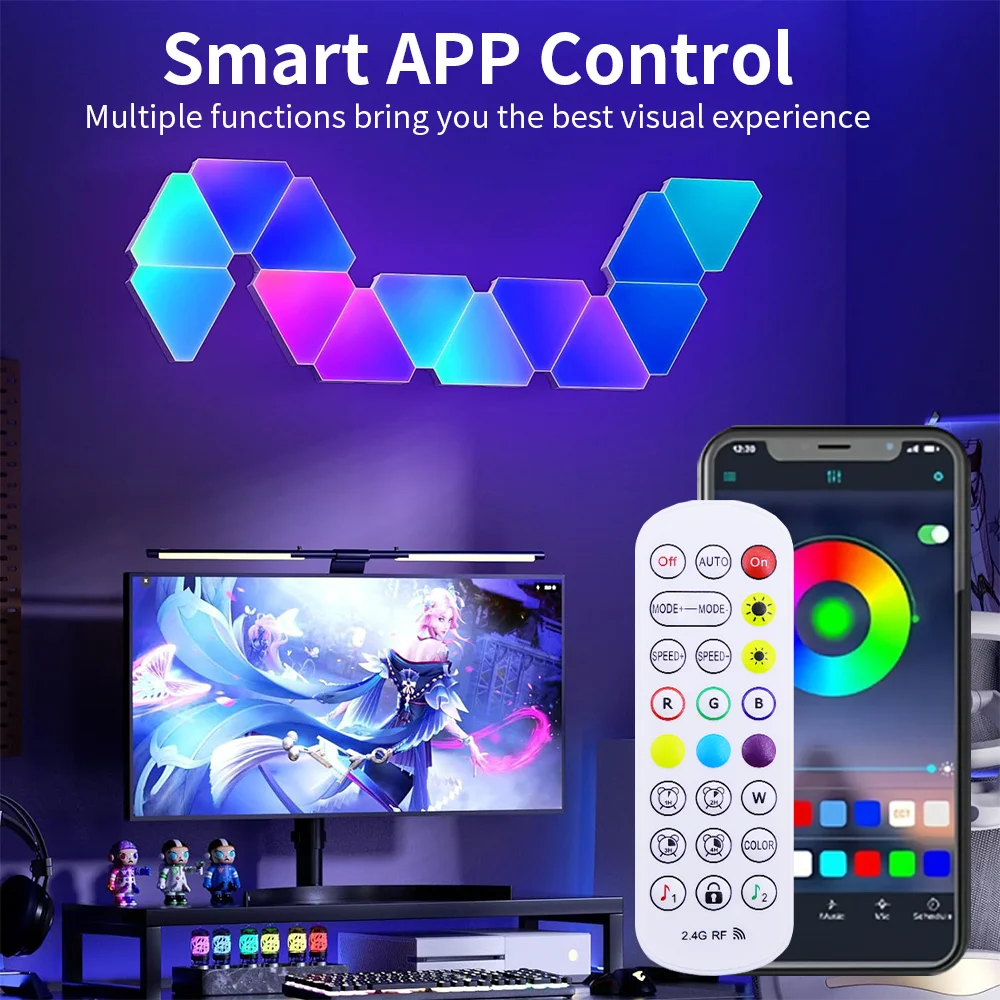 

USB 5В LED ночник с регулировкой яркости, квантовая лампа для создания атмосферы, Wi-Fi, Bluetooth, треугольная настенная лампа, креативный декор для игровой комнаты