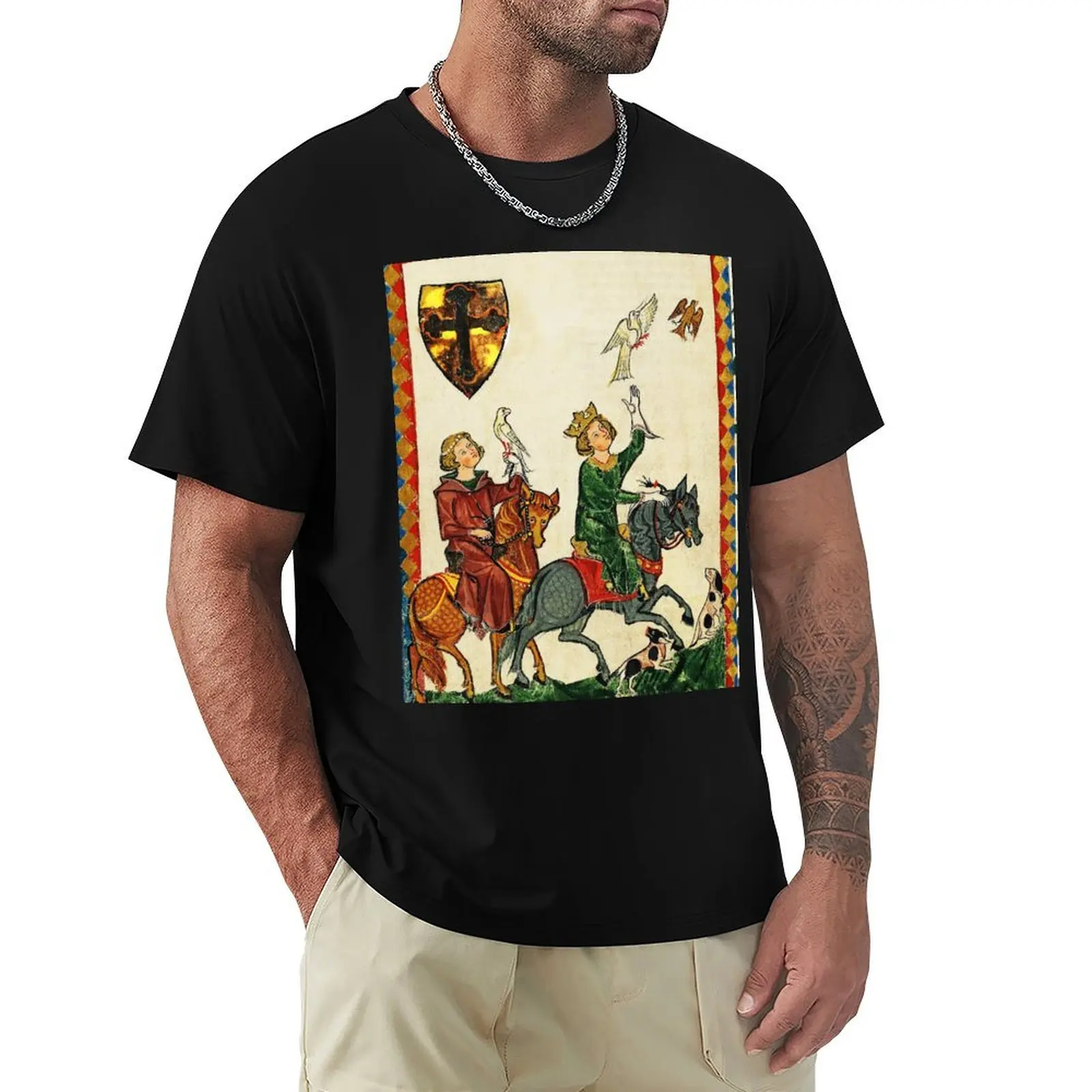 KING KONRAD THE YOUNGER ON HORSEBACK WITH FALCONS,MEDIEVAL FALCONRY MINIATURE WITH WILD ROSES T-Shirt