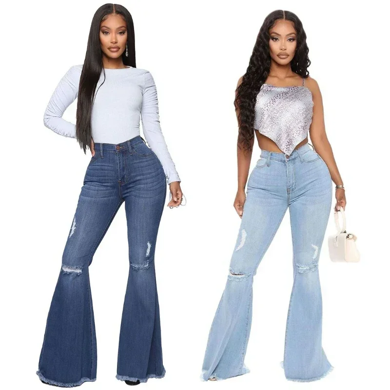 

Women Denim Pants Washed Flare Jeans Knee Hole High Waist Pant Solid Zipper Button Long Trousers Pockets Casual Summer