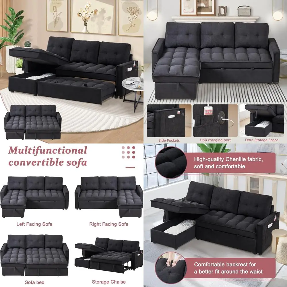 

Двусторонний секционный диван-кровать с выдвижным диваном, синельной тканью, спальным диваном, USB-портом, ключом Tape-c Long Tail