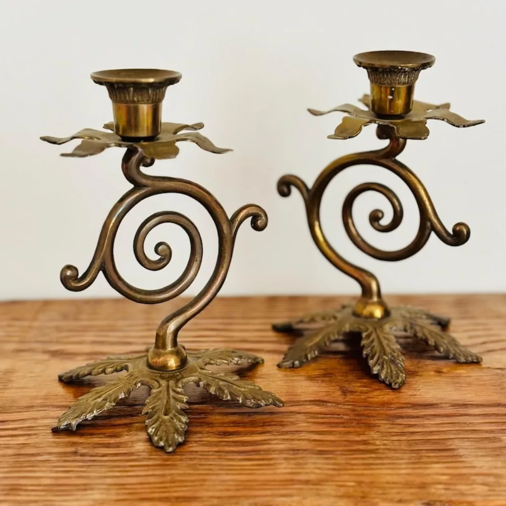 

Antique Brass Spiral Candlestick Holders with Leaf Base and Flower Top