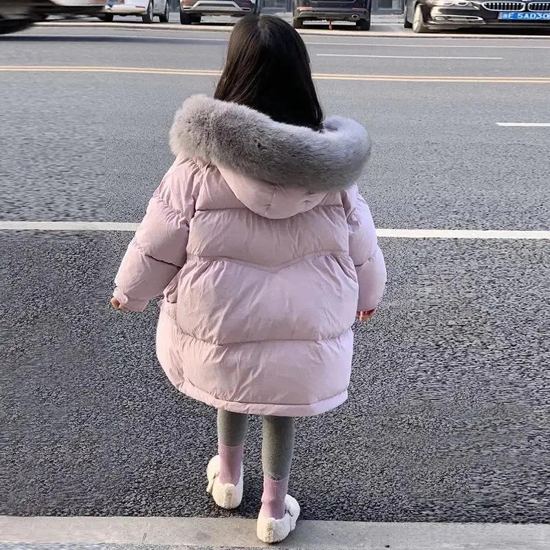 Girls Winter Warm Long Cotton Lined Faux Fur Hooded Zip Puff Jackets School Kids Thick Coat Children Outfits Windbreaker 3-14 Yr