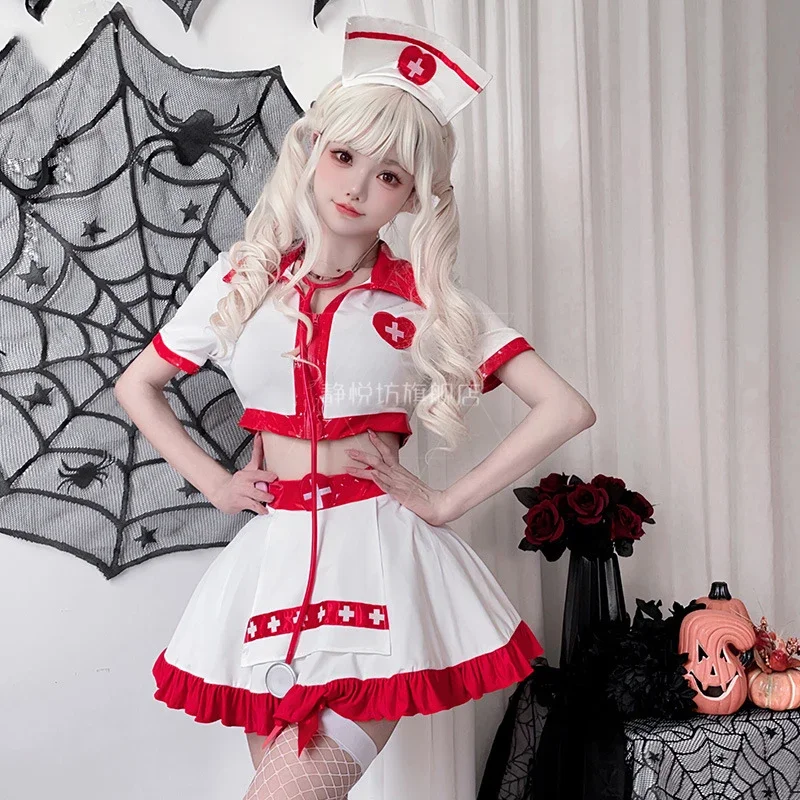 

Нижнее белье для девочек-медсестер в стиле Лолиты, униформа для косплея, женские укороченные топы на молнии с короткими рукавами и мини-юбка с рюшами, комплект нижнего белья 2025