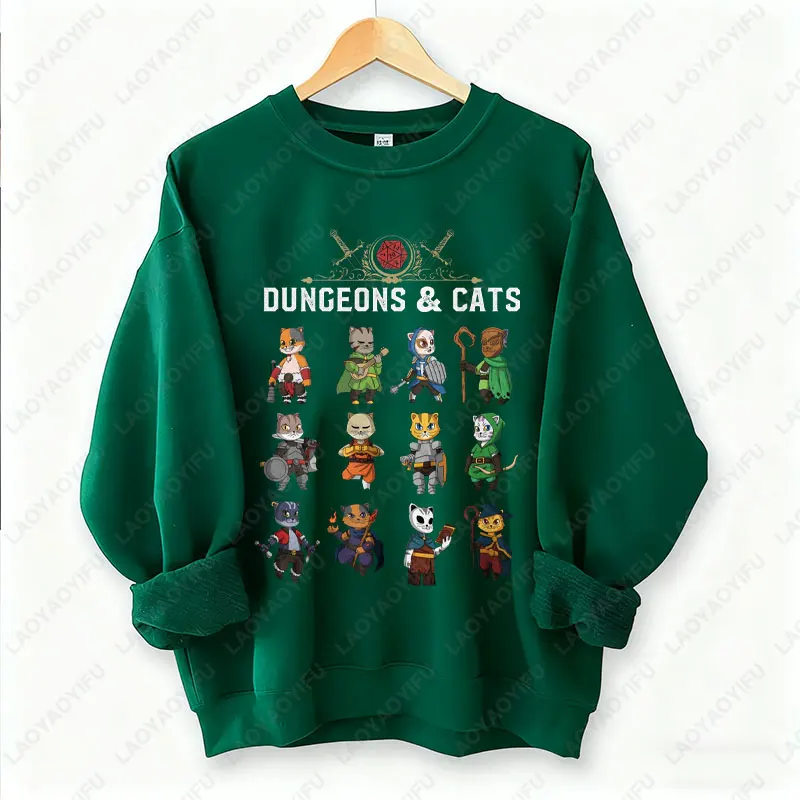 Dungeons and Cats Shirt DND Inspired Gift D&D Fans Tabletop D20 Dice RPG Dragons Gamers Crewneck Pullovers Winter Unisex Hoodie