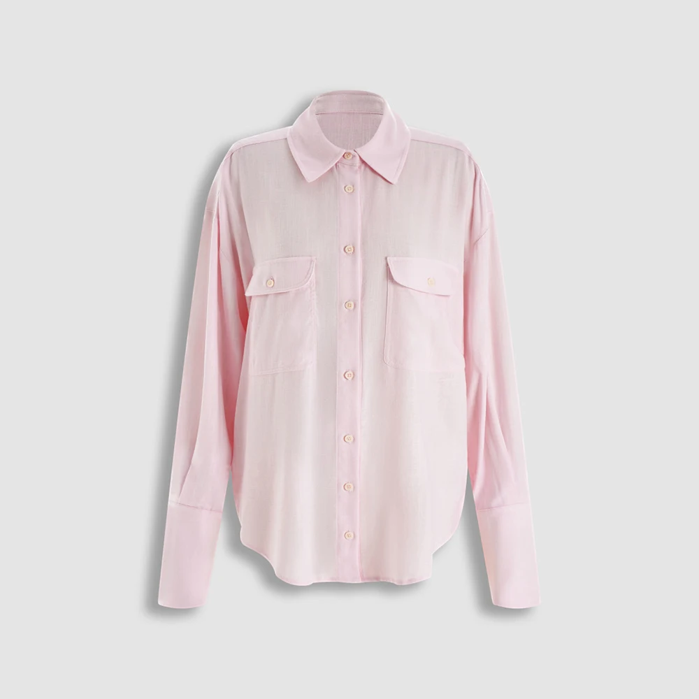 Women 100% Linen Button Down Shirt Lapel Collar Double Chest Pockets Long Sleeve Loose Fit Casual Office Ladies Blouse Top