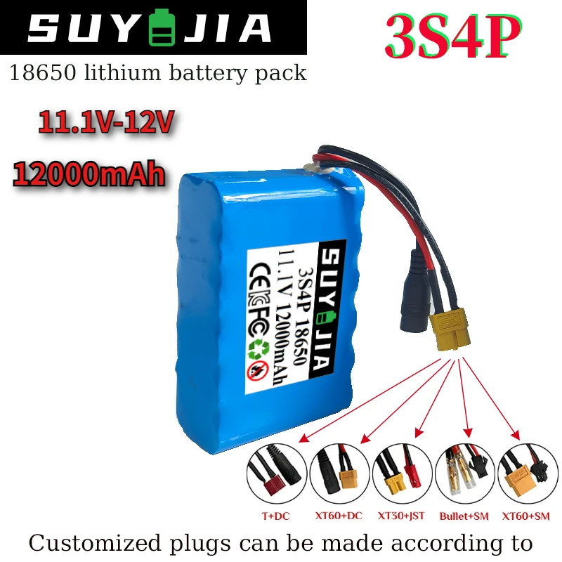 18650 Battery 11.1V 12V 12000mAh  3S4P Lithium Ion Battery Pack with BMS for Bait Boat Backup Power Supply Pull Net Boat Speaker