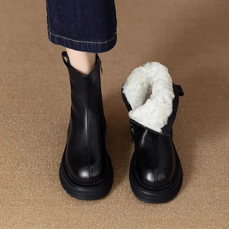 Women Winter Snow Boots 2026 Northeast Warm Plush Lined Soft Leather Thick Sole Round Toe Cotton Shoes