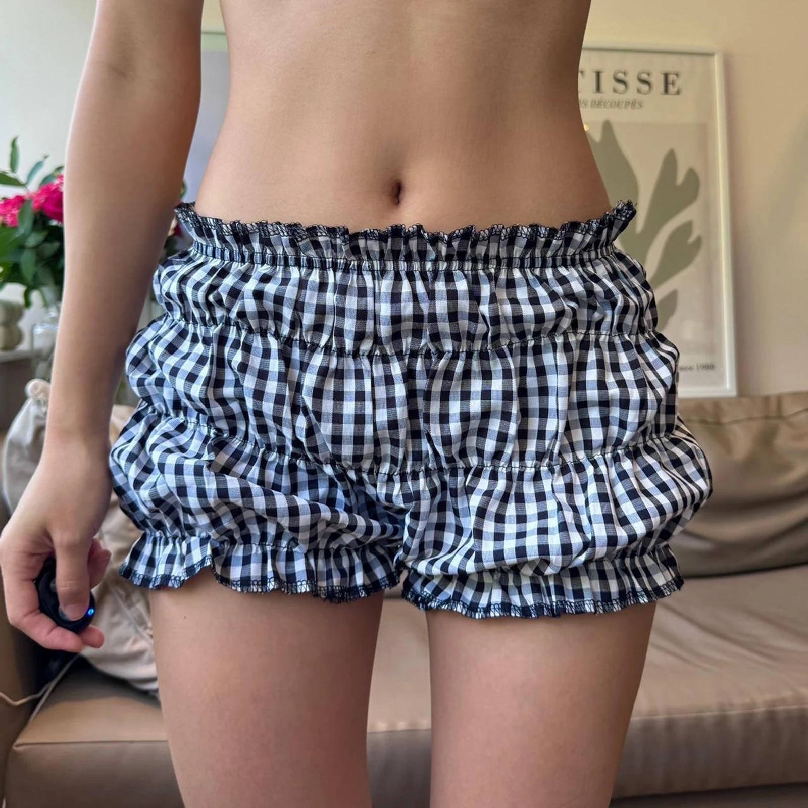 Bloomers con estampado de cuadros para mujer, pantalones cortos elásticos de cintura baja con pliegues, pantalones cortos de pijama Lolita