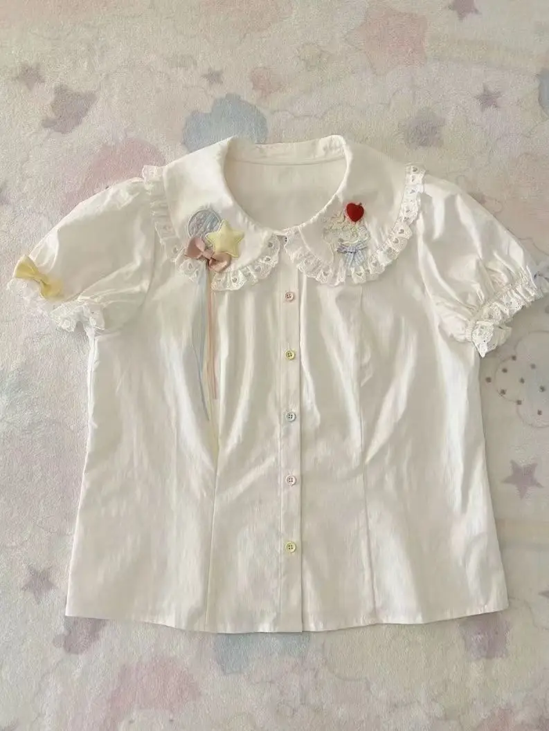 2025 สาวญี่ปุ่น Kawaii หวานน่ารัก Lolita เสื้อฤดูร้อน Y2k Aesthetic Lace Patchwork เสื้อผู้หญิง JK หลวม Blusas Femme