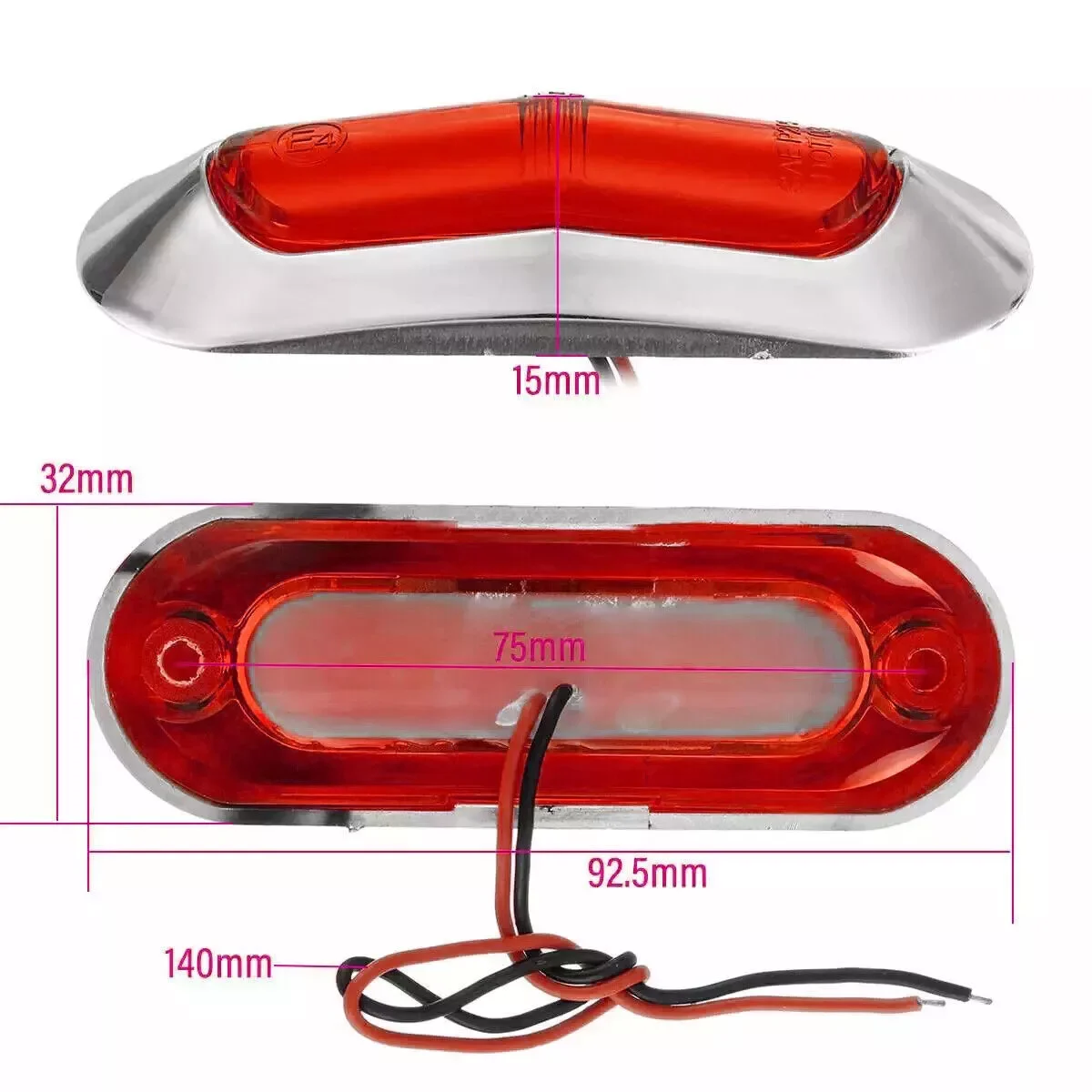 Fuleem 4PCS Red 4 LED Light Clearance Side Marker Truck Trailer Lamp Chrome Cover Bezel 12V 24V Waterproof