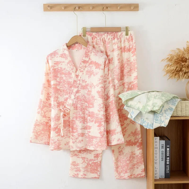 

2024 New Spring and Autumn Women's Pajama Set 100% Cotton Crepe Cloth Long Sleeve Two Piece Sweet Home Fury