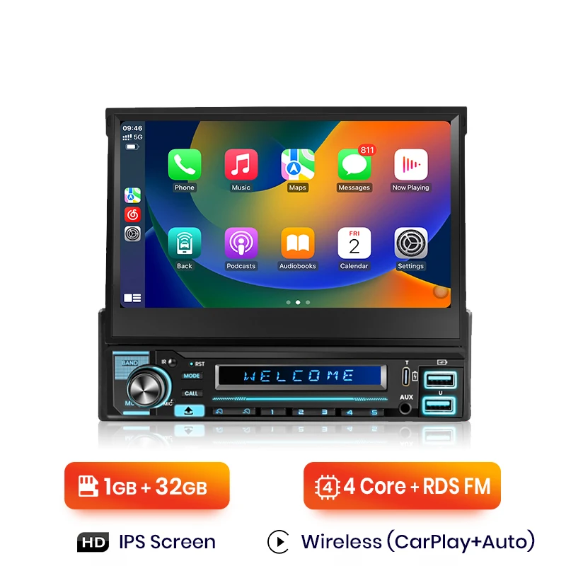 Junsun 7 "Automatisch intrekbaar IPS-aanraakscherm Universeel 1 Din Draadloos CarPlay Android Auto Stereo Radio GPS-navigatie - afbeelding 1
