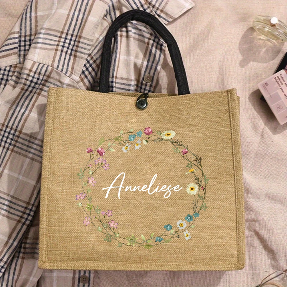 Customized Women's Handbag, Linen Tote Bag with Floral Elements, Perfect for Special Occasions and Daily Use Teacher Gifts