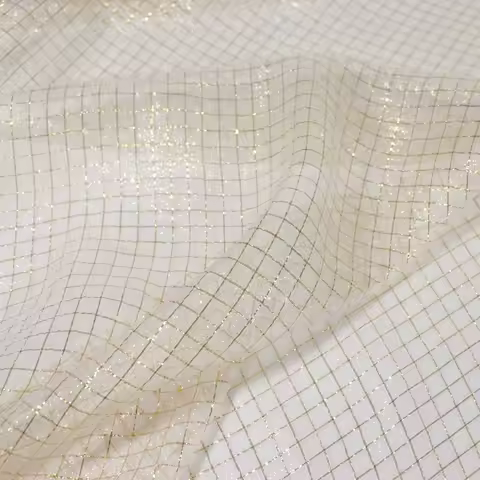 Environmental Mulberry Natural Silk Metallic Fabric Peace Somali 90CM Gold Grid White for Women Saree Panrs Dress Summer Queen