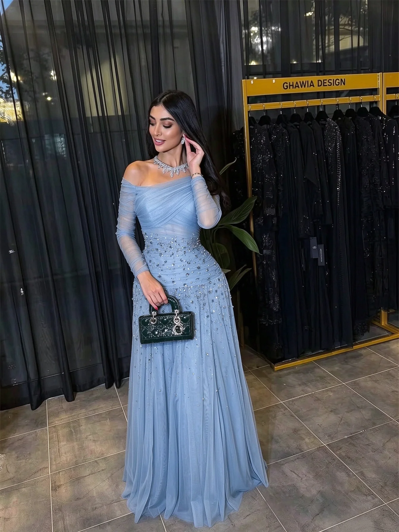 Women Elegant Off Shoulder Evening Dresses Long Sleeve Beaded Tulle Floor Length Wedding Guest Prom Party Dresses