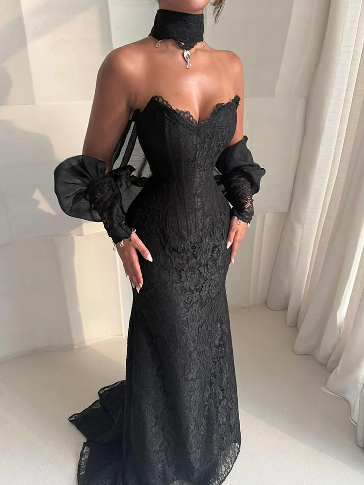 BOEING Elegantes schwarzes Meerjungfrau-Abschlussballkleid mit Spitze, trägerlos, ärmellos, Partykleider, bodenlanges Abendkleid, individuell gestaltet