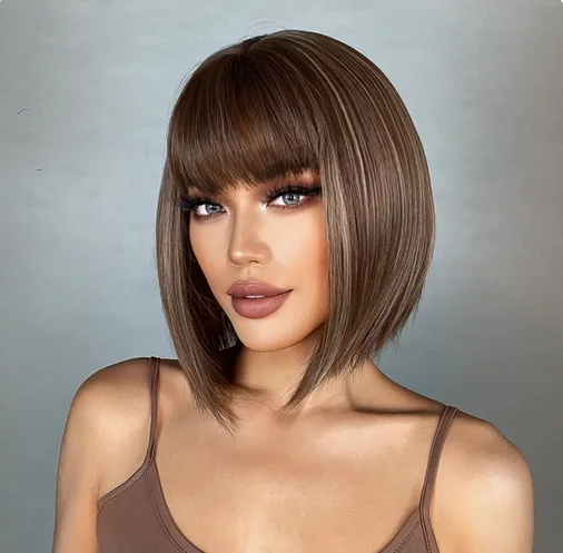 Peruca bob marrom com destaque, cor mista, cabelo sintético para mulheres, natural, curto, reto, com franja, alta temperatura