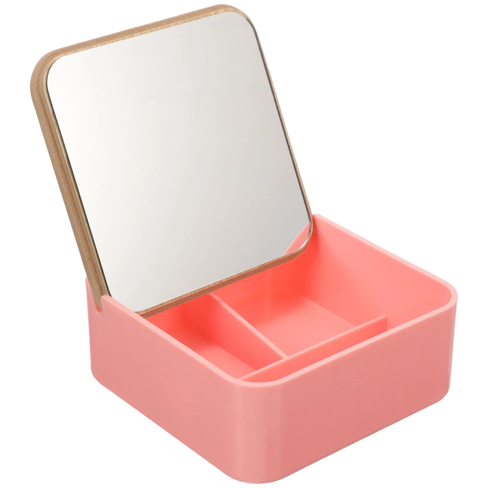 

Bamboo Wood Makeup Mirror Storage Box Desktop Organizer Hard Case Container Round Shape Aluminum Base Multifunctional Beauty
