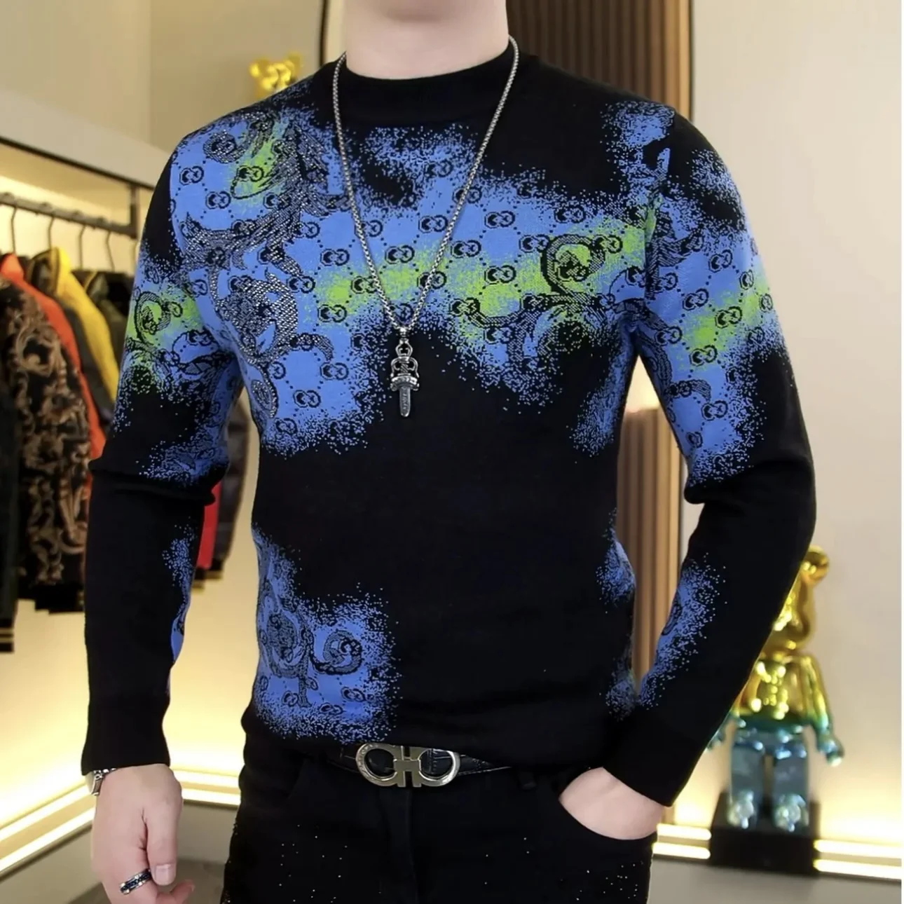 

Мужской зимний вязаный свитер с круглым вырезом, облегающий, из полиэфирного волокна, с вышивкой стразами, цвет мокко, базовый слой