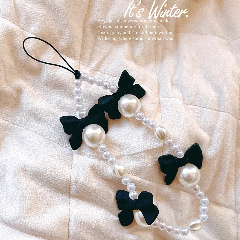 Korean Charm Bow Mobile Phone Chain For Women Girls Telephone Charms Strap Black Acrylic Pearl Beaded Phone Lanyard Key Strap