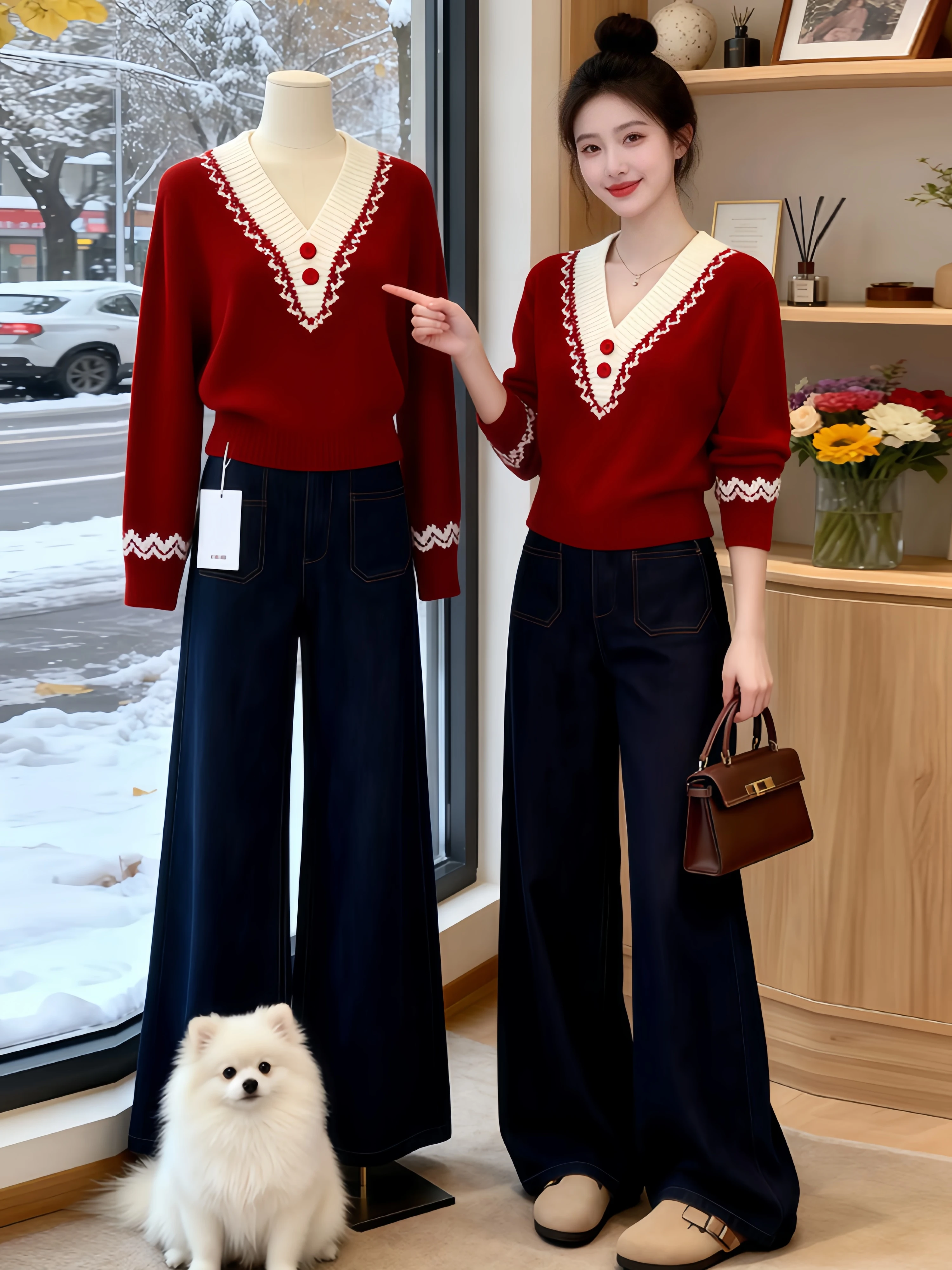 

Red V-Neck Soft Sweater Women's Fashionable Knitted Shirt Spring New Style Feilao Island Wind Loose Fit Long Sleeve Casual Wear