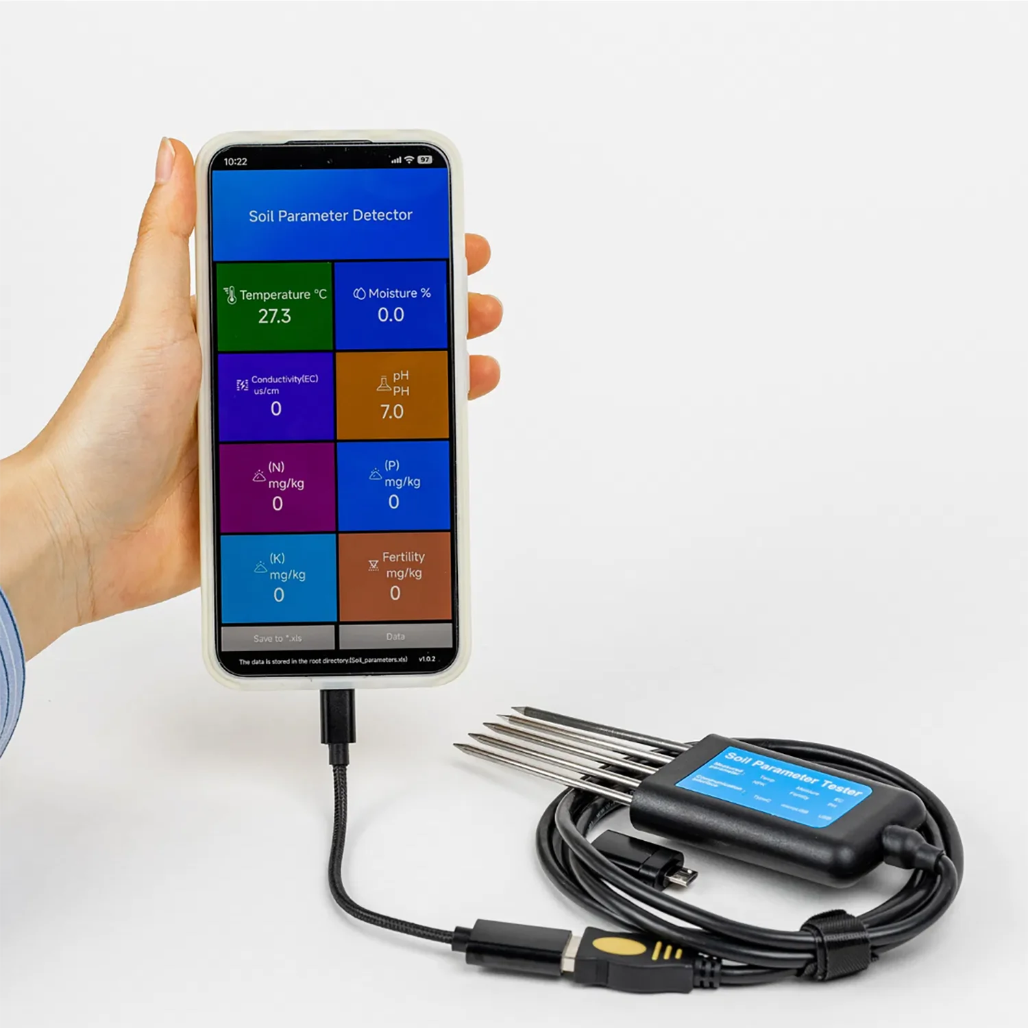 

Phone Use Agricultural Monitoring Soil Tester Kit: 5-Pin Soil pH, EC, Nitrogen, Phosphorus and Potassium Soil Analyzer Sensor