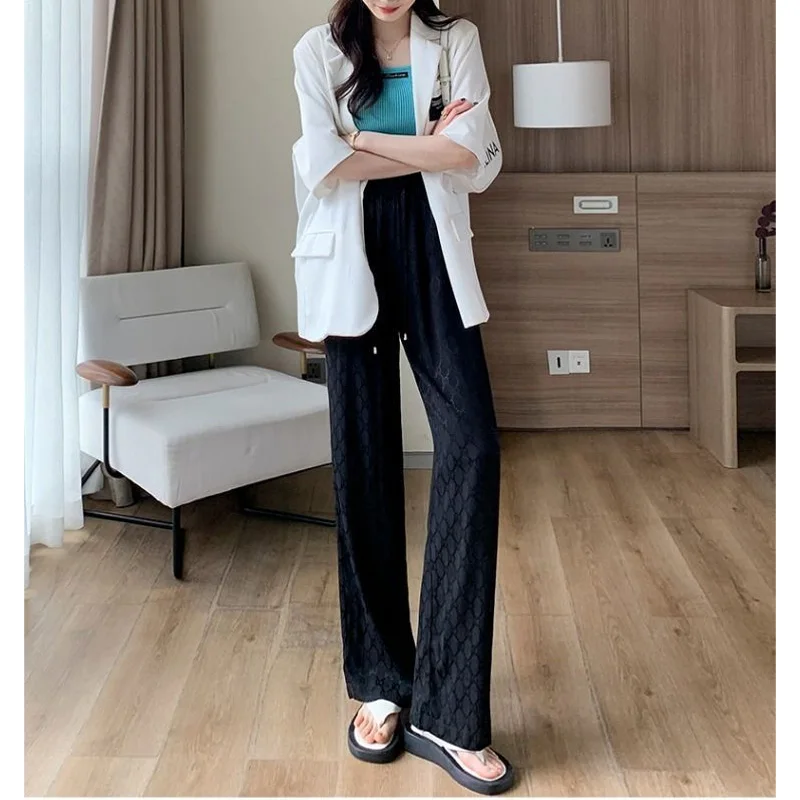 

2024 Summer Fashionable High Waisted Drape Straight Tube Loose Sun Protection Jacquard Casual Ice Silk Wide Leg Pants for Women