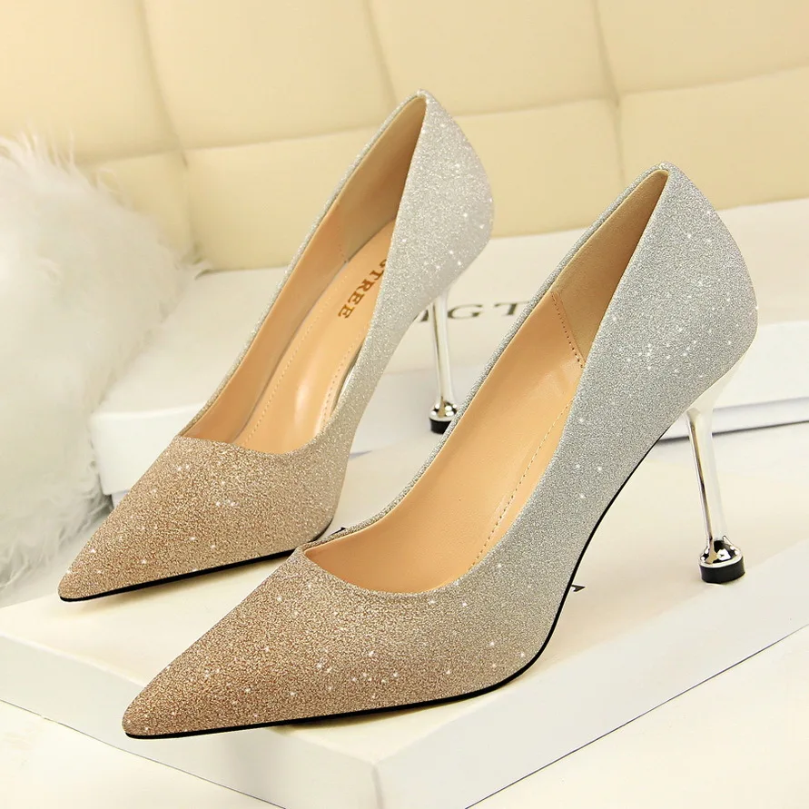 

Korean Edition Fashion Slim Shallow Mouth Sharp Tip Shiny Color Gradient Contrast Single Shoes High Heels Women's Pumps Wedding