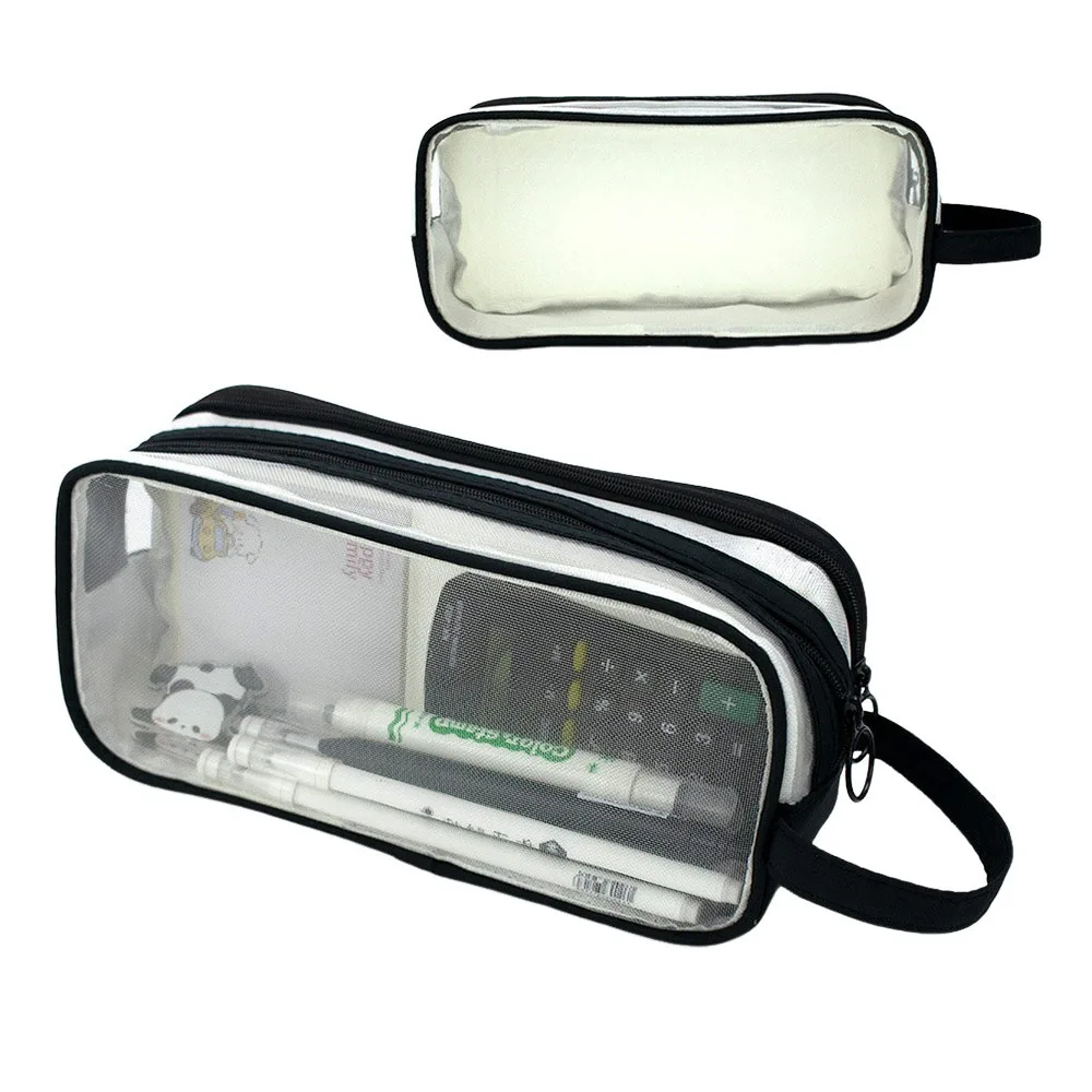 

NEW Large Capacity Pencil Case Zipper Closure 2 Compartment Pen Bags Mesh Handheld Design Stationery Bag Student