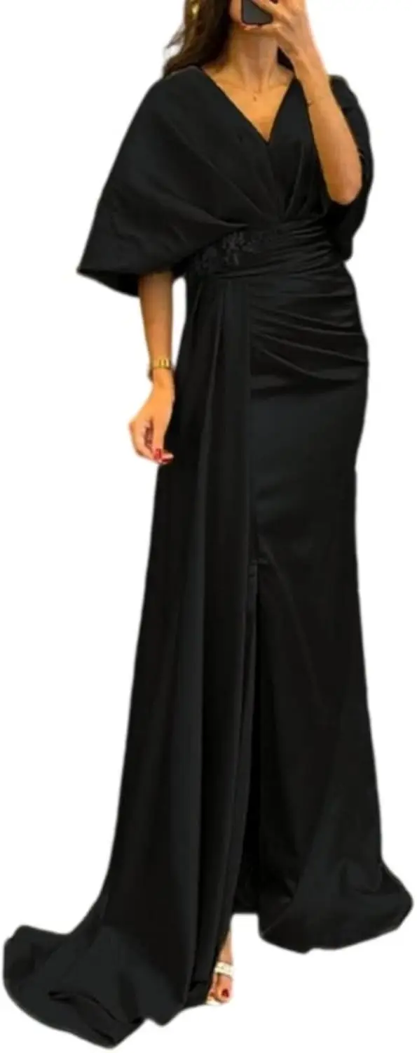 

Sheath/Column Women's Satin Elegant Formal Dress Backless Evening Gown V-Neck 1/2 Sleeve Sweep/BrushTrain Ruched