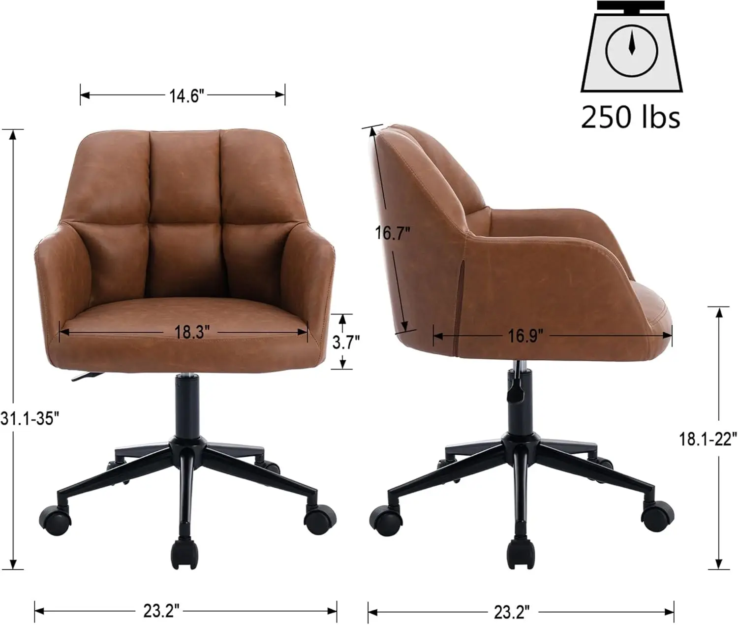 Brown Home Office Desk Chair with Wheels Faux Leather Swivel Desk Chair Upholstered Adjustable Task Armchair for Teens