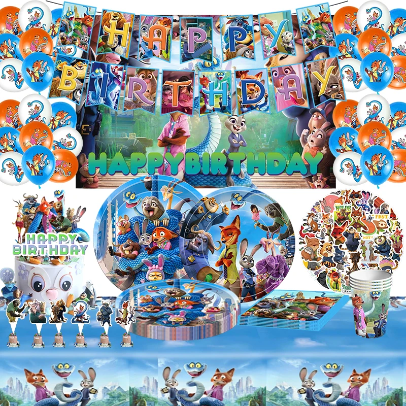 Zootopia 2 Nick Judy décoration d'anniversaire ensemble de vaisselle assiettes tasses nappe ballon bannière sac cadeau autocollant fournitures de fête pour enfants