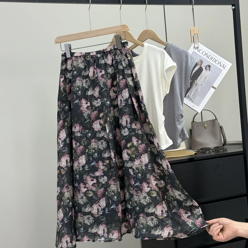 

Ele Summer f Skirt with Rose Pattern in Flax Material Midi A-Line Skirt for Women High Waist Design by DELUEST