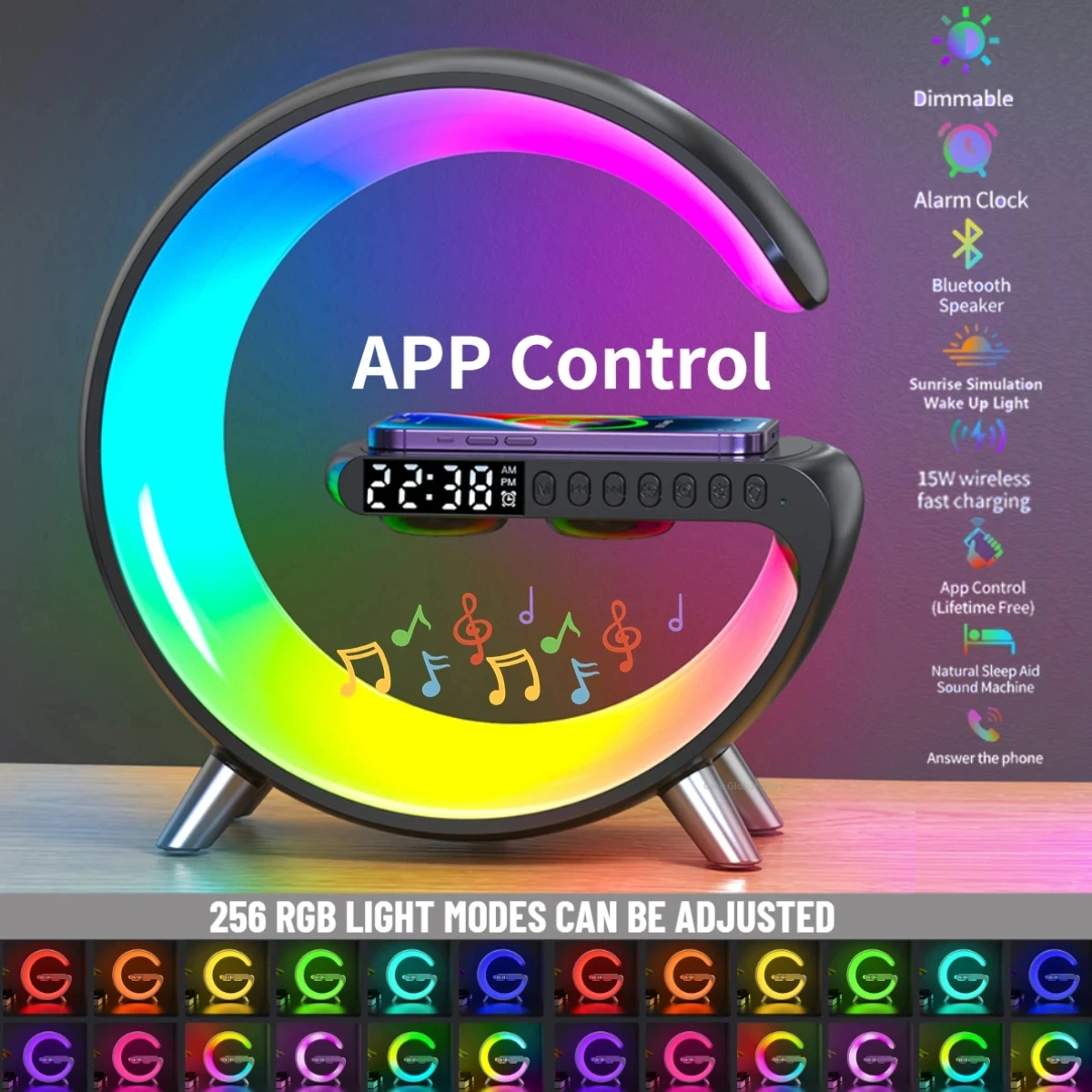 Smart LED RGB Night Light APP Control Atmosphere Lamp Digital Alarm Clock Speaker 15W Wireless Charger for iphone Bedroom Decor