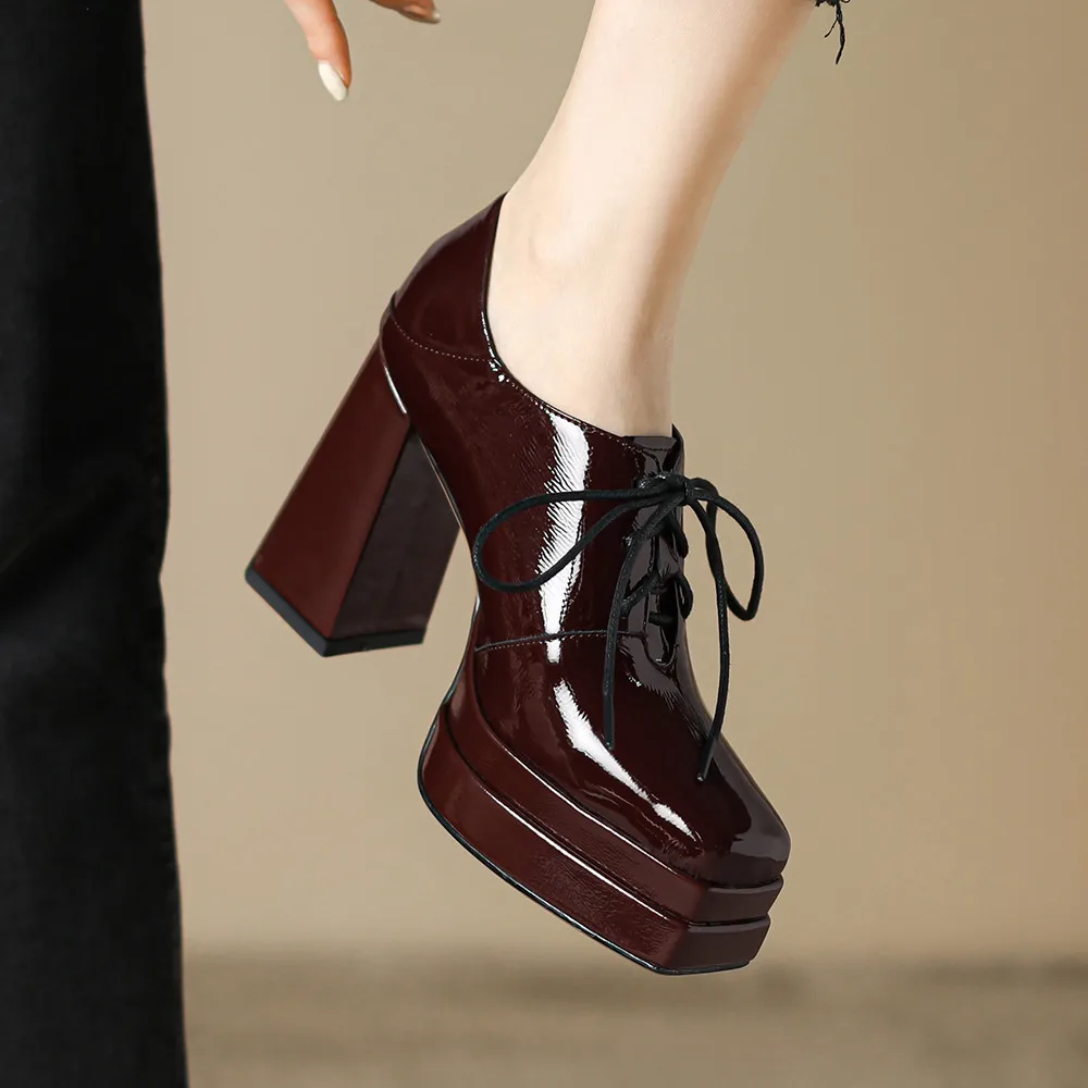 MILI-MIYA Classic Concise Solid Color Style Women Full Genuine Leather Pumps Lace Up Platform Square Toe Office&Career Shoes