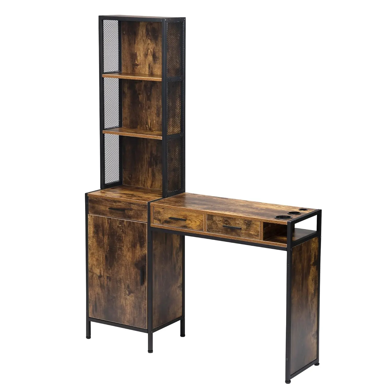 

Industrial Wall Mount Salon Barber Station, Hair Styling Station with 3 Drawers, Storage Cabinet, Shelves, Hair Dryer Holes, Bea