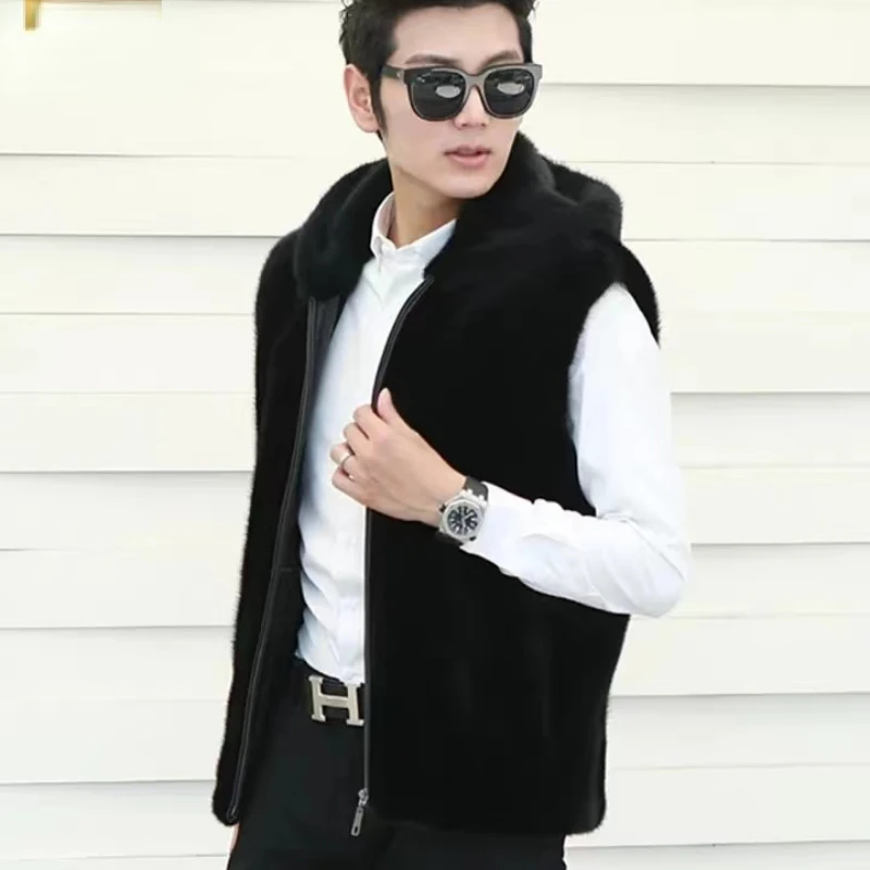 Men Vest Hooded Sleeveless Faux Fur Coat Winter Thick Warm Cardigan Slim Fur Coat Zipper Luxury Brand Men Clothing Jacket Casual