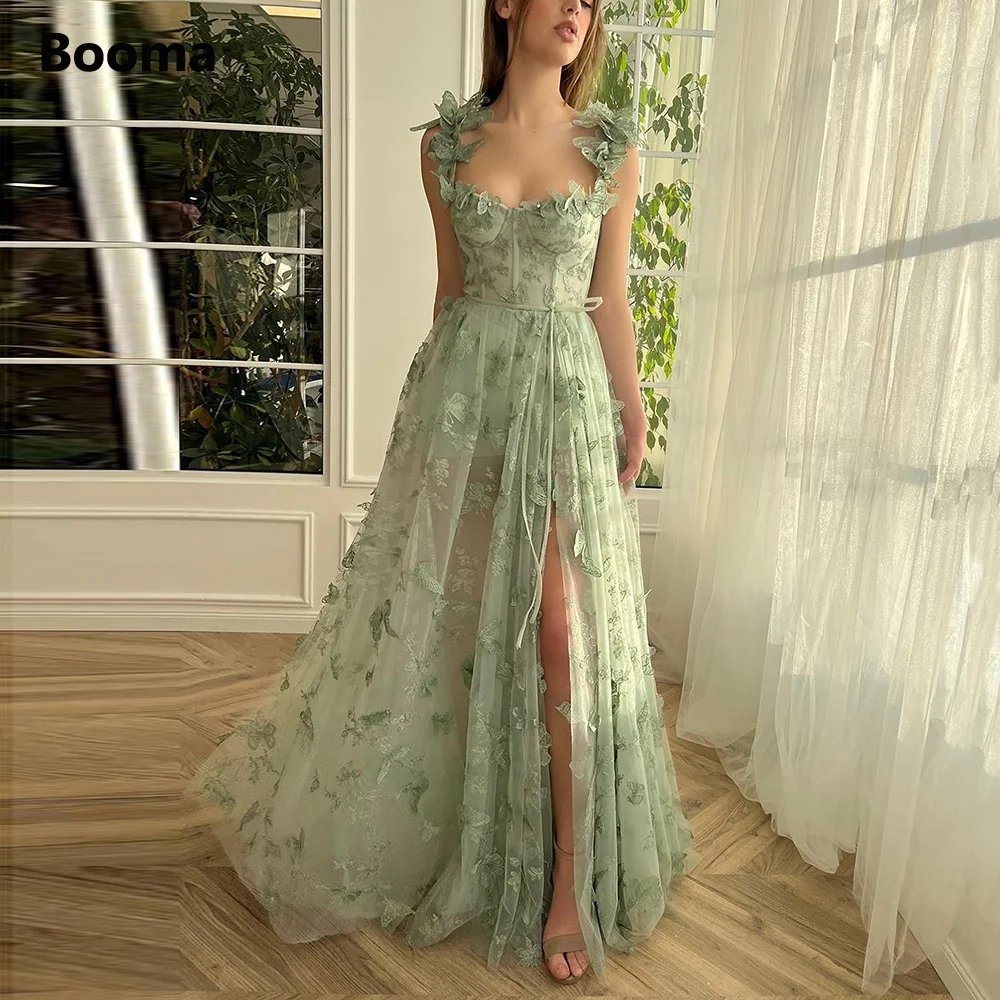 Booma Fairy Green Butterfly Lace Prom Dresses Spaghetti Straps High Slit A-Line Maxi Evening Party Dresses 2023 Prom Gowns