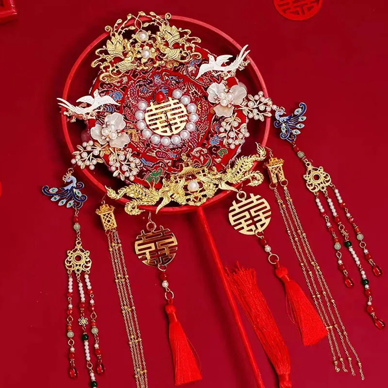 Classic Two-Circle Mask Fan Decorative Bride Hand Flower Chinese Style Creative Wedding Gift Room Decor Traditional Fan