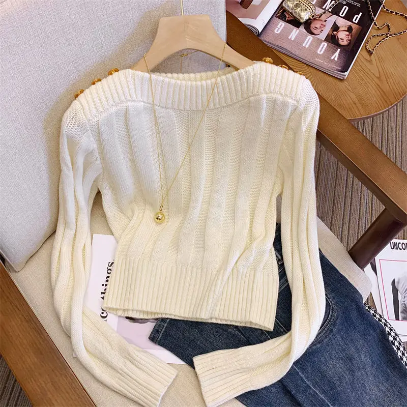 Simplicity Office Lady Autumn Sweaters Women\'s Solid O-Neck Shoulder Buckle Fashion Casual Long Sleeve Pullovers Knitted Tops